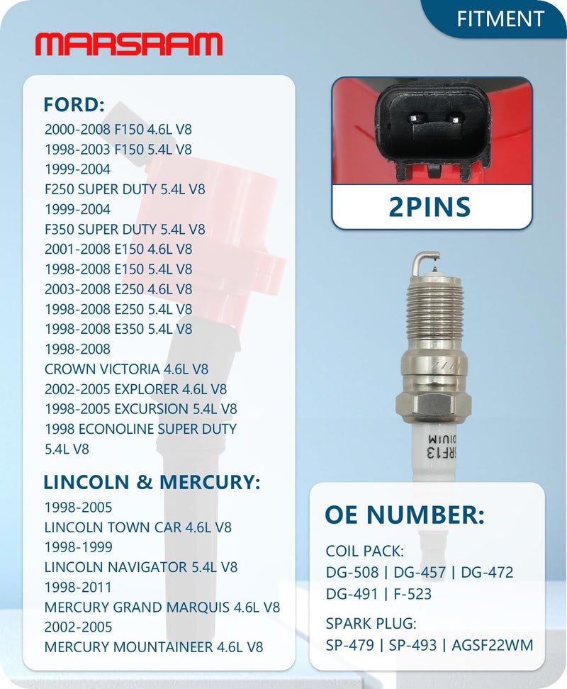 Marsram حزمة ملف الإشعال Marsram DG508 وشمعات الإشعال SP479 مزدوجة الإريديوم لسيارات فورد F150 F250 F350 لينكولن تاون ميركوري 1998-2011 4.6L 5.4L V8 - Image 2