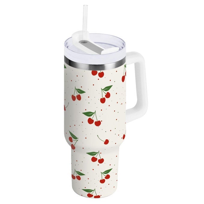 CHERRY PRINT PATTERN STAINLESS STEEL TUMBLER WITH HANDLE AND STRAW WATER BOTTLE REUSABLE INSULATED TRAVEL MUG 40 OUNCES