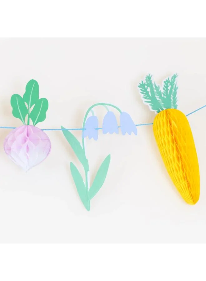 Meri Meri  Easter Vegetable Garden Garland Set - 3 Paper Garlands with Honeycomb Carrots and Radishes, Happy Easter Gold Foil Message, Velvet Bow Details, Spring Party Decoration  | Best Price UAE