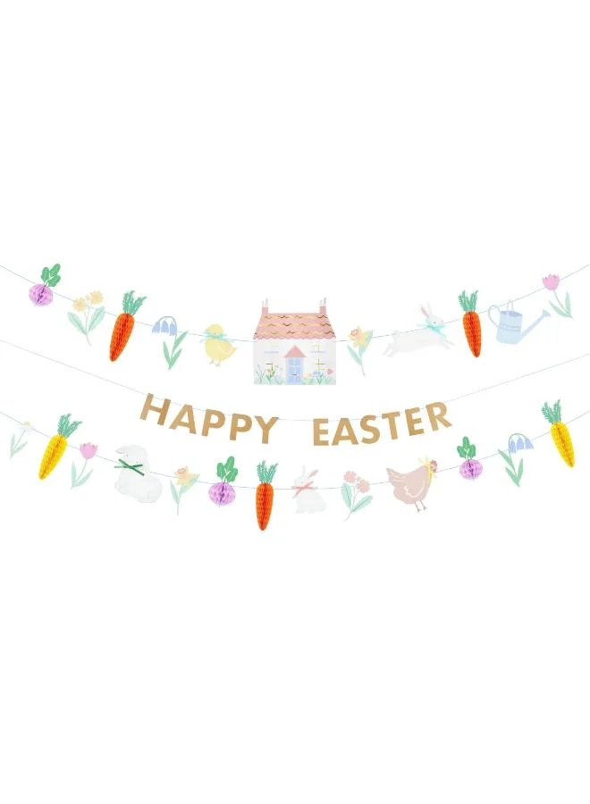 Meri Meri  Easter Vegetable Garden Garland Set - 3 Paper Garlands with Honeycomb Carrots and Radishes, Happy Easter Gold Foil Message, Velvet Bow Details, Spring Party Decoration  | Best Price UAE