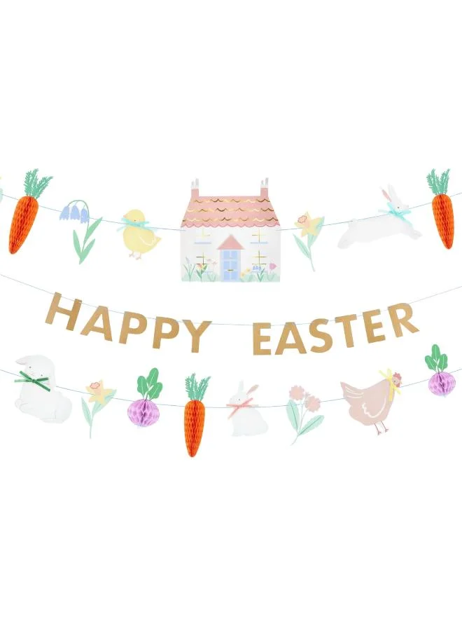 Easter Vegetable Garden Garland Set - 3 Paper Garlands with Honeycomb Carrots and Radishes, Happy Easter Gold Foil Message, Velvet Bow Details, Spring Party Decoration