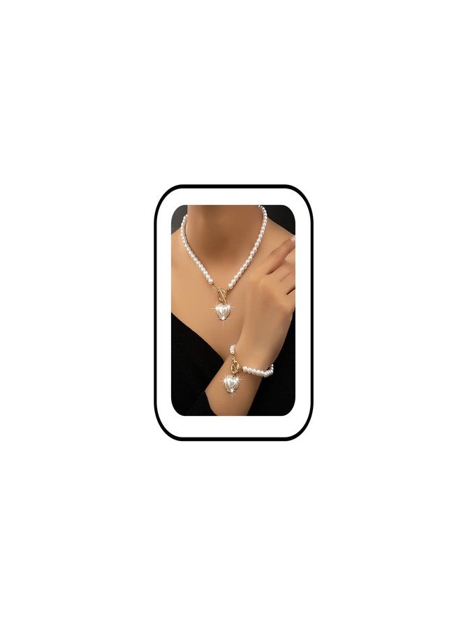 MarveBard Pearl Heart Necklace Bracelet Set for Women Vintage Crystal Heart Pendant Charm Necklace Chunky Pearl Beaded Ot Toggle Clasp Choker Bracelet Dainty Bride Wedding Ball Jewelry (White) - Image 1