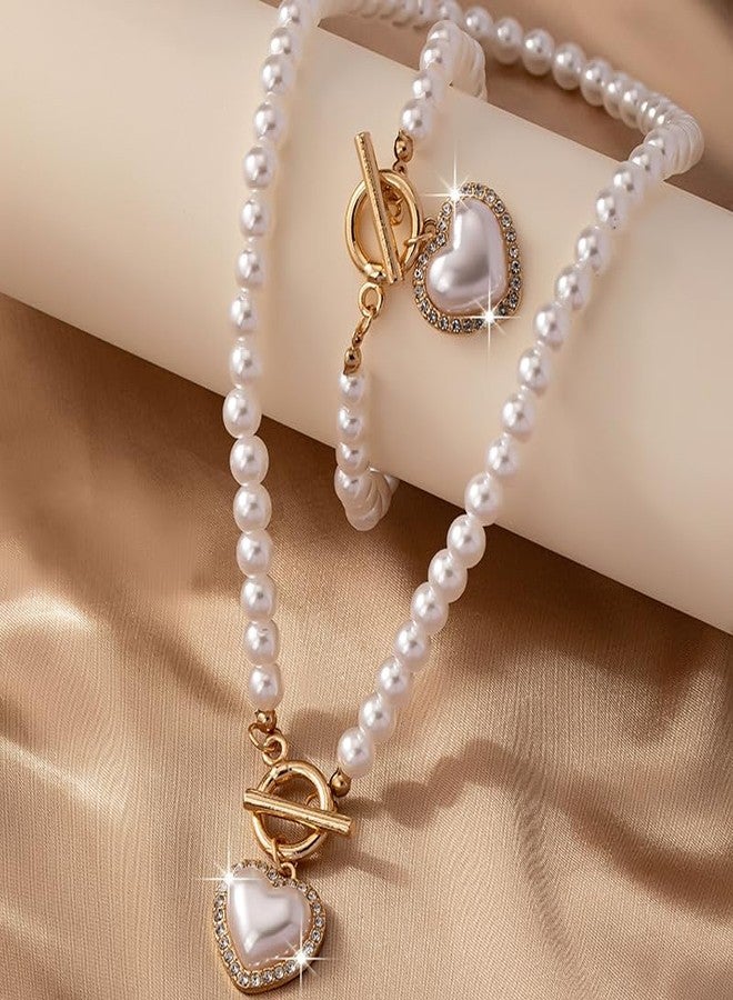 MarveBard Pearl Heart Necklace Bracelet Set for Women Vintage Crystal Heart Pendant Charm Necklace Chunky Pearl Beaded Ot Toggle Clasp Choker Bracelet Dainty Bride Wedding Ball Jewelry (White) - Image 5