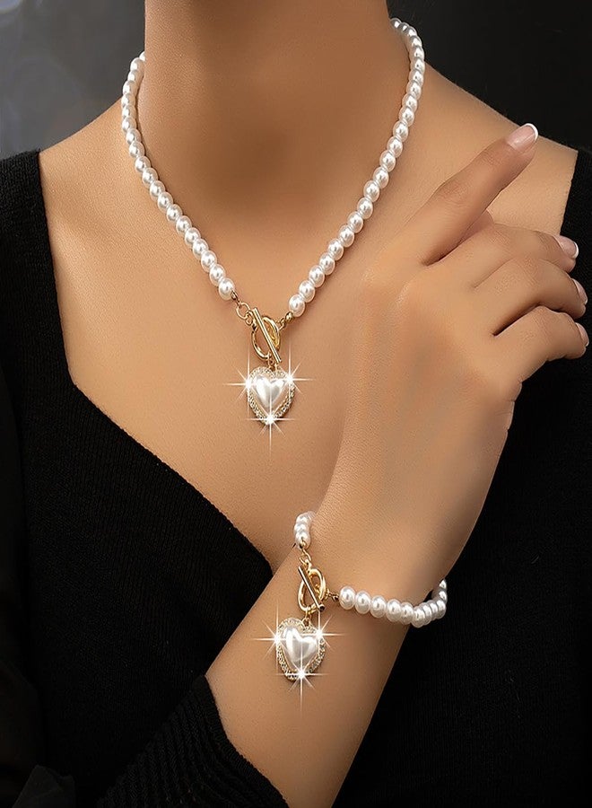 MarveBard Pearl Heart Necklace Bracelet Set for Women Vintage Crystal Heart Pendant Charm Necklace Chunky Pearl Beaded Ot Toggle Clasp Choker Bracelet Dainty Bride Wedding Ball Jewelry (White) - Image 2