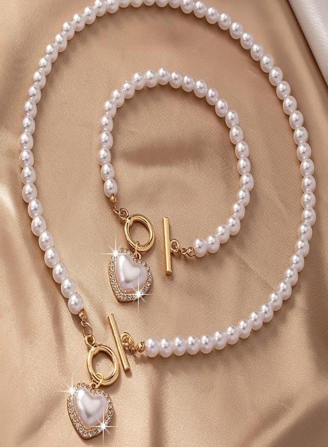 MarveBard Pearl Heart Necklace Bracelet Set for Women Vintage Crystal Heart Pendant Charm Necklace Chunky Pearl Beaded Ot Toggle Clasp Choker Bracelet Dainty Bride Wedding Ball Jewelry (White) - Image 4