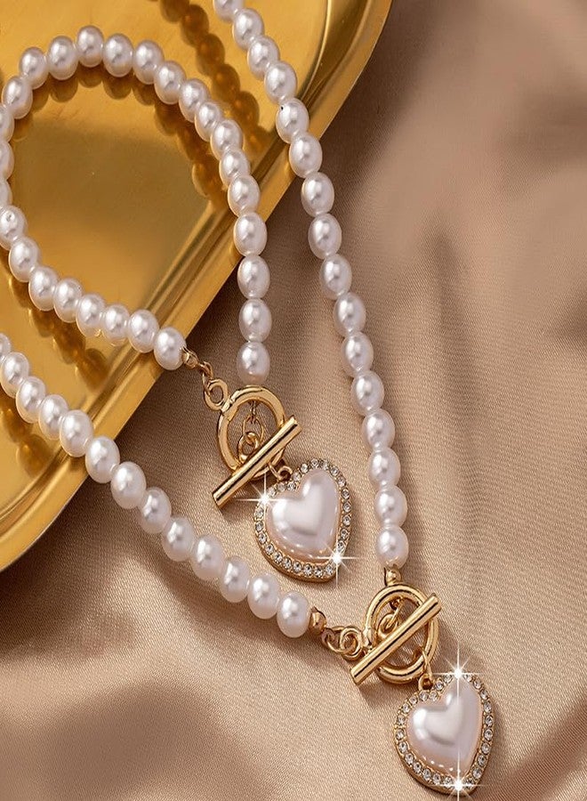 MarveBard Pearl Heart Necklace Bracelet Set for Women Vintage Crystal Heart Pendant Charm Necklace Chunky Pearl Beaded Ot Toggle Clasp Choker Bracelet Dainty Bride Wedding Ball Jewelry (White) - Image 3