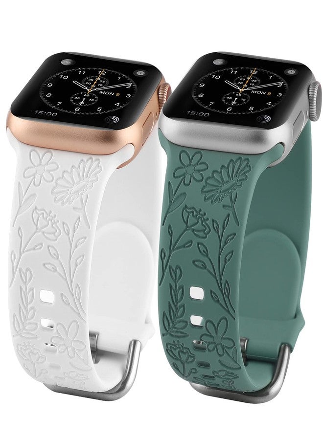 TERKOWQI 2 Pack Flower Engraved Sport Strap Compatible with Apple Watch Bands 38mm 40mm 41mm, Women Floral Laser Soft Silicone Wristband Replacement iWatch Series 8 7 6 5 4 3 2 1 SE (White Green, 38/40/41mm) - Image 1