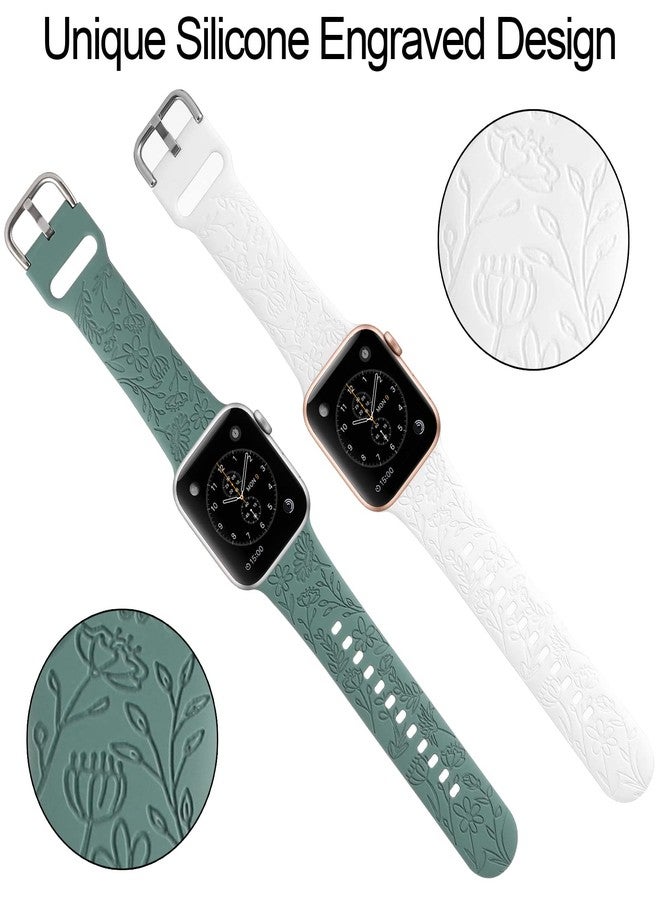 TERKOWQI 2 Pack Flower Engraved Sport Strap Compatible with Apple Watch Bands 38mm 40mm 41mm, Women Floral Laser Soft Silicone Wristband Replacement iWatch Series 8 7 6 5 4 3 2 1 SE (White Green, 38/40/41mm) - Image 5