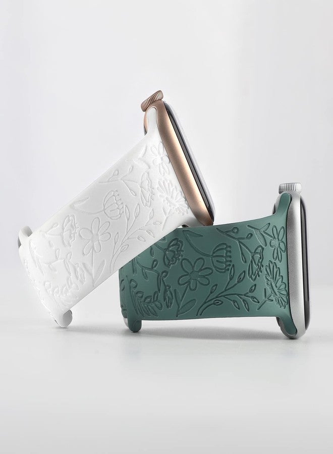 TERKOWQI 2 Pack Flower Engraved Sport Strap Compatible with Apple Watch Bands 38mm 40mm 41mm, Women Floral Laser Soft Silicone Wristband Replacement iWatch Series 8 7 6 5 4 3 2 1 SE (White Green, 38/40/41mm) - Image 2
