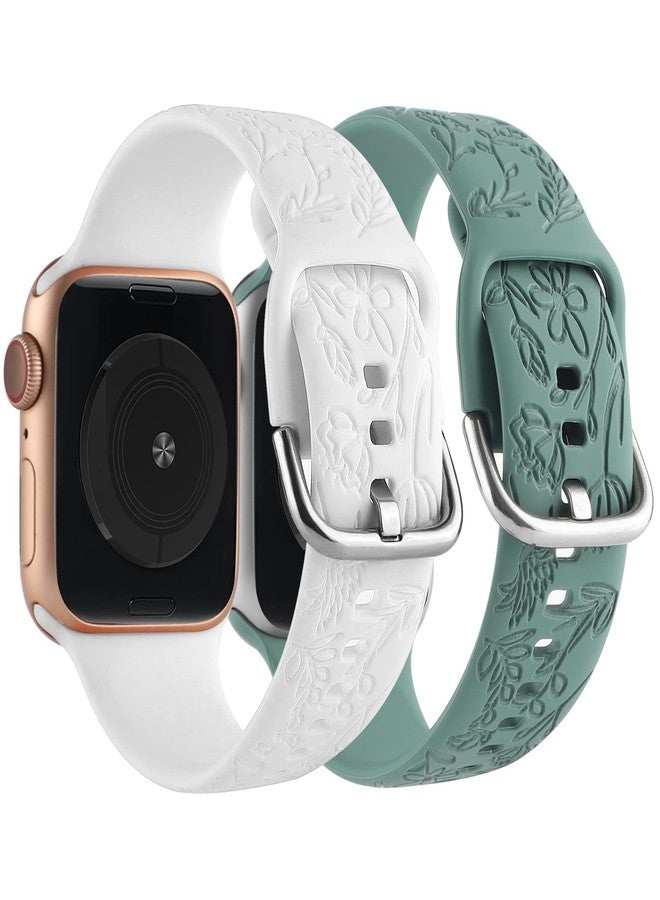 TERKOWQI 2 Pack Flower Engraved Sport Strap Compatible with Apple Watch Bands 38mm 40mm 41mm, Women Floral Laser Soft Silicone Wristband Replacement iWatch Series 8 7 6 5 4 3 2 1 SE (White Green, 38/40/41mm) - Image 3