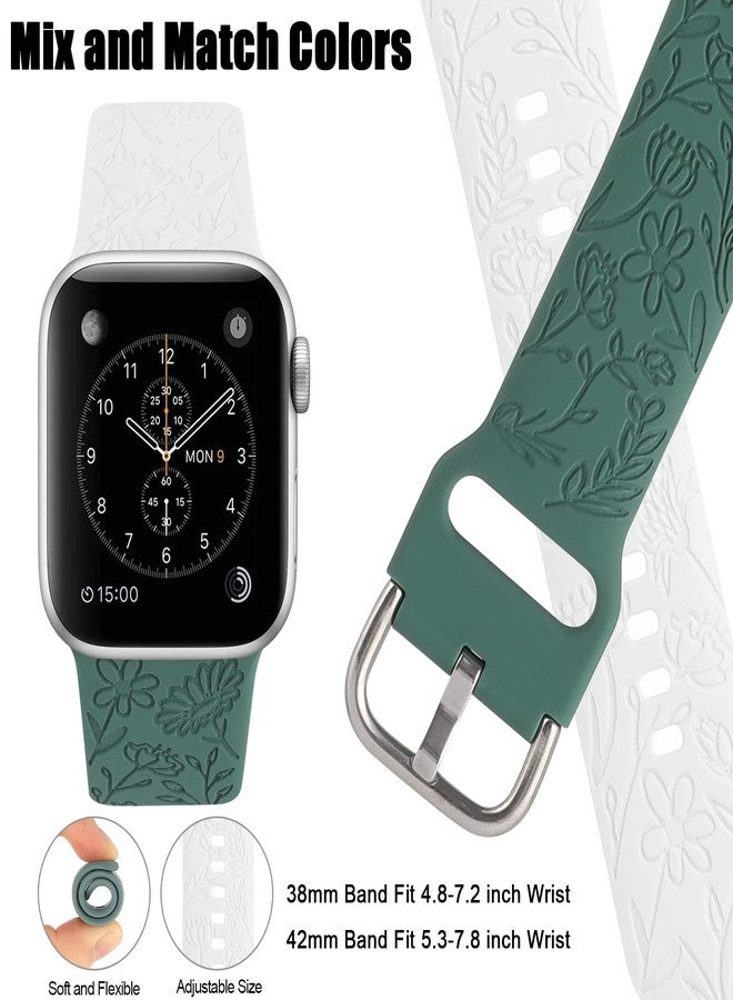 TERKOWQI 2 Pack Flower Engraved Sport Strap Compatible with Apple Watch Bands 38mm 40mm 41mm, Women Floral Laser Soft Silicone Wristband Replacement iWatch Series 8 7 6 5 4 3 2 1 SE (White Green, 38/40/41mm) - Image 4