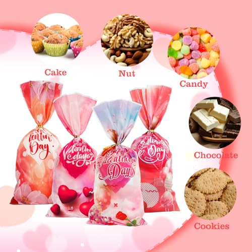 Yicelerate 100 Pack Valentine Treat Bags,Valentines Cellophane Treat Bags, Plastic Valentines Goodie Bag Candy Cookie Bakery Heart Clear Gift Bag for Valentine's Day Holiday Wedding Party Favors Supplies - Image 4