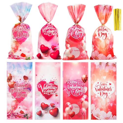 Yicelerate 100 Pack Valentine Treat Bags,Valentines Cellophane Treat Bags, Plastic Valentines Goodie Bag Candy Cookie Bakery Heart Clear Gift Bag for Valentine's Day Holiday Wedding Party Favors Supplies - Image 1