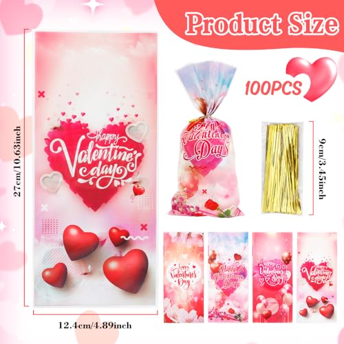 Yicelerate 100 Pack Valentine Treat Bags,Valentines Cellophane Treat Bags, Plastic Valentines Goodie Bag Candy Cookie Bakery Heart Clear Gift Bag for Valentine's Day Holiday Wedding Party Favors Supplies - Image 2