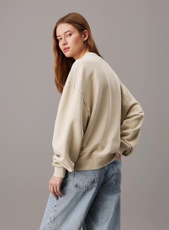 KOTTY Women's Fleece Sweatshirt Solid Pattern with Classic Round Neck(Beige,L) - Image 3