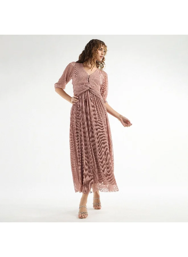 FAV Textured V-neck Dress with 3/4 Sleeves and Knot Detail