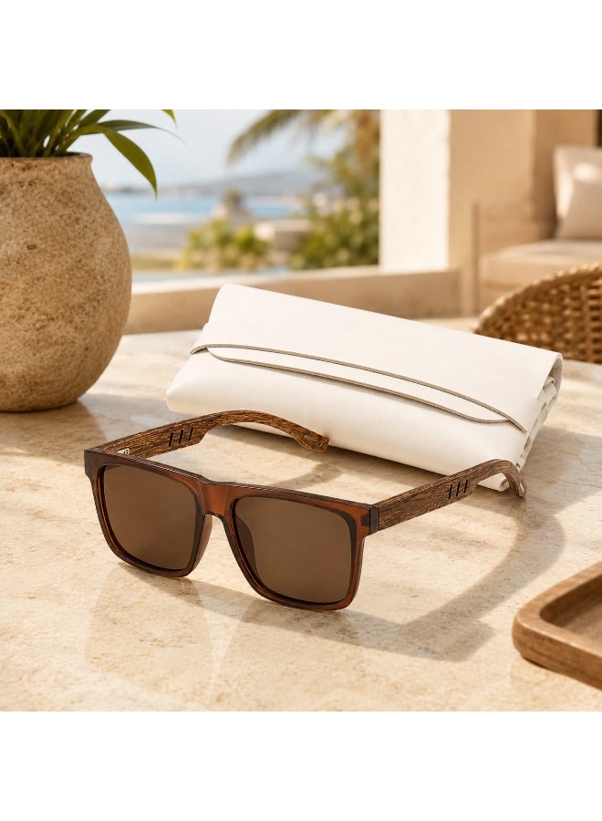 Unisex Brown Wood-Grain Square Sunglasses with Protective  Case - Image 3