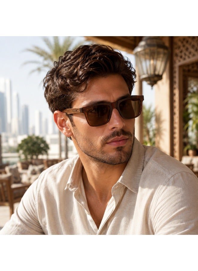 Unisex Brown Wood-Grain Square Sunglasses with Protective  Case - Image 4