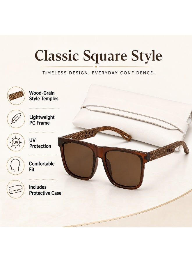 Unisex Brown Wood-Grain Square Sunglasses with Protective  Case - Image 2