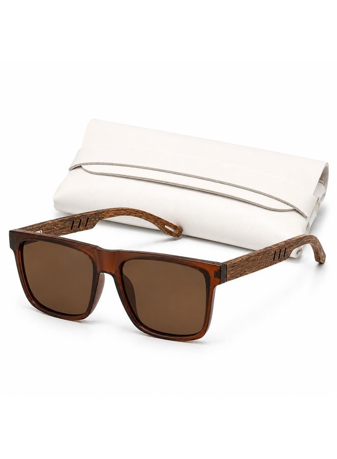 Unisex Brown Wood-Grain Square Sunglasses with Protective  Case - Image 1