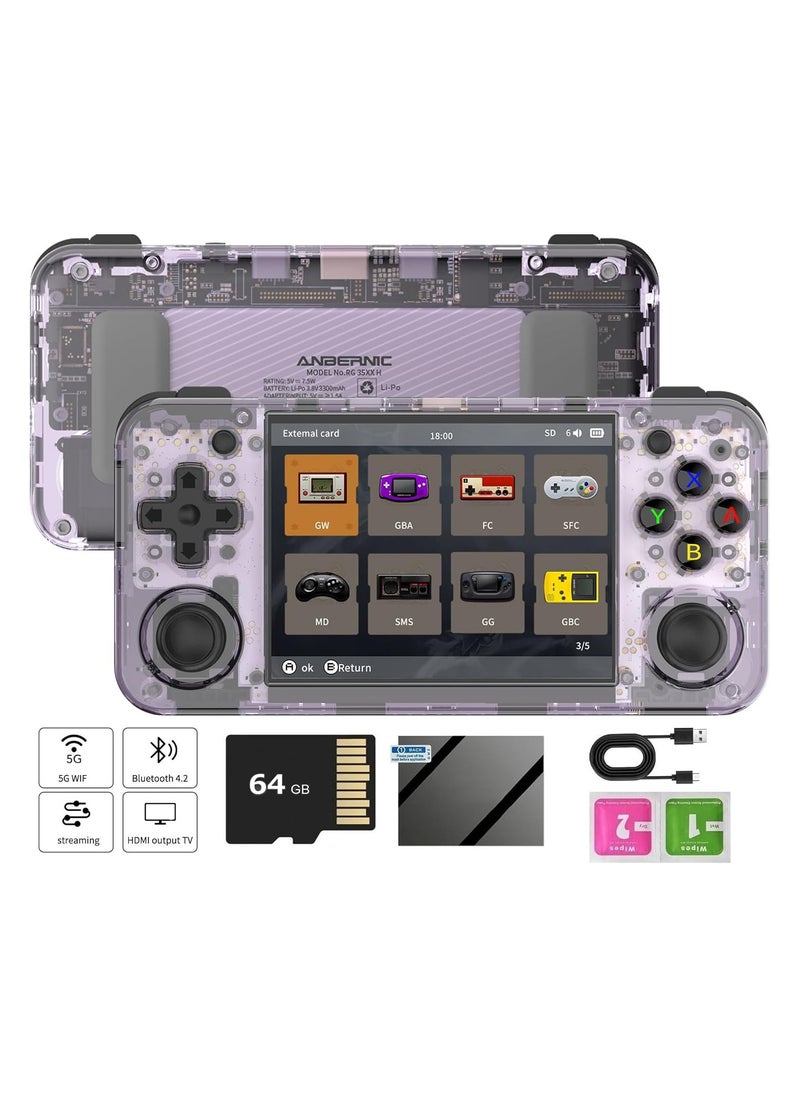ANBERNIC  RG35XX H Retro Handheld Game Console , 3.5 Inch IPS Screen Linux System Built-in 64G TF Card 5528 Games Support HDMI TV Output 5G WiFi Bluetooth 4.2 (Transparent Purple)  - Image 1