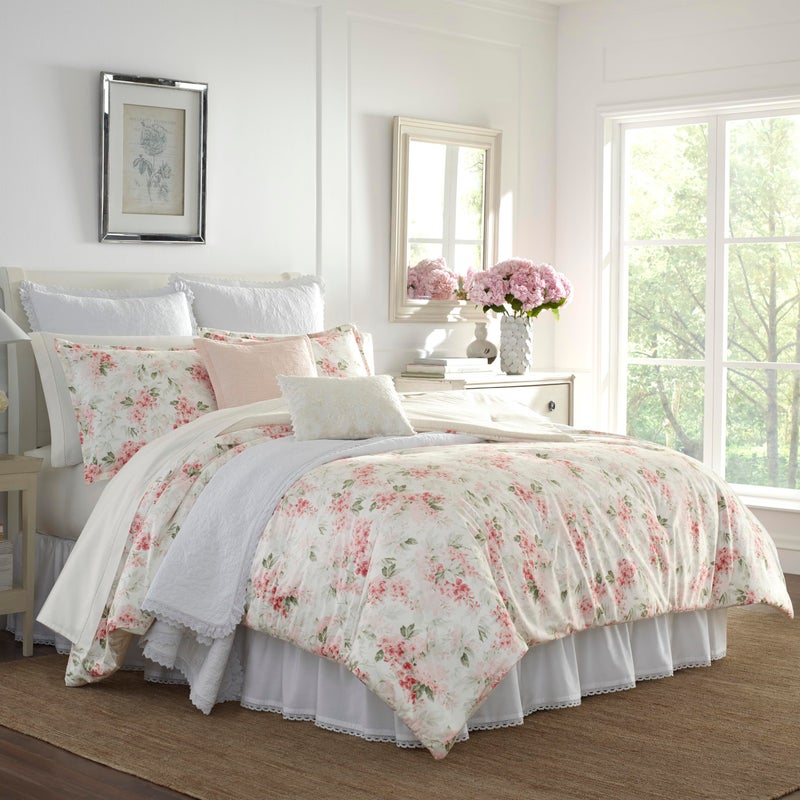 Laura Ashley - Queen Comforter Set, Plush Velour Micromink Face Bedding with Soft Cotton Reverse, Medium Weight for Year Round Use, 3 Piece Bed Set with Matching Pillowcases (Wisteria Pink) - Image 1