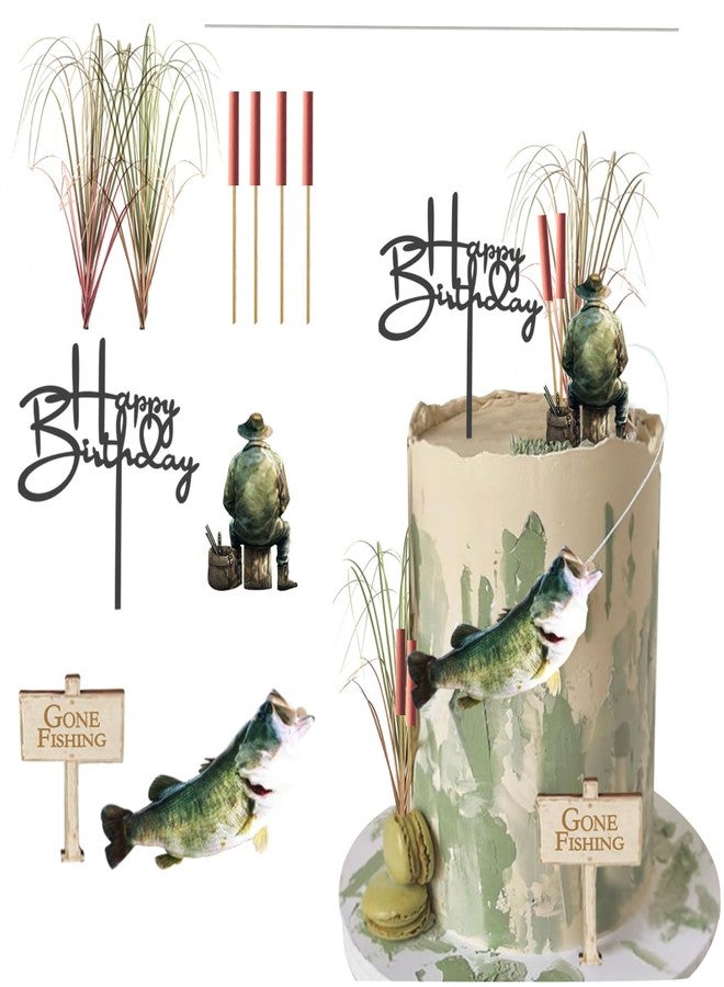 ChoJoy Gone Fishing Cake Topper Fish Birthday Decoration with Angler Fish Cattail Set for Fishing Themed Birthday Party - Image 2