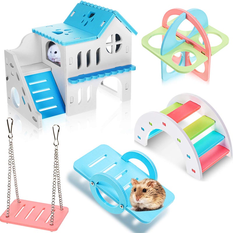 Skylety 5 Pcs Hamster Toys Include Wooden Accessories Hamster House Guinea Pig Hideout Rainbow Bridge Seesaw Swing Exercise Circle Cage Toy for Small Animals63 x 393 x 55 InchBlue - Image 2