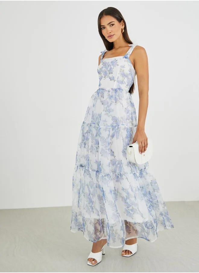 Styli Styli Floral Print Tie-Sleeve Tiered Maxi Dress