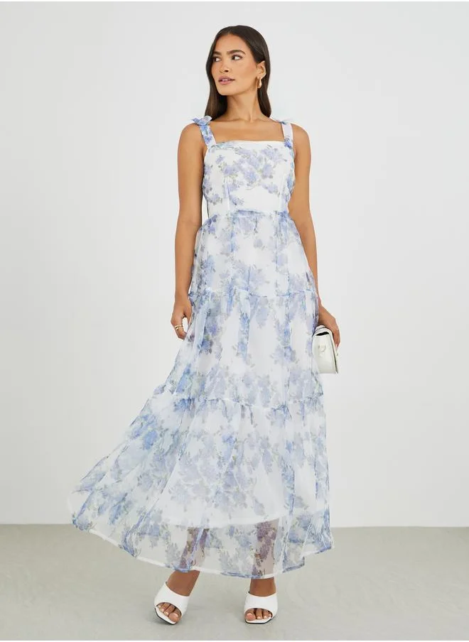 Styli Styli Floral Print Tie-Sleeve Tiered Maxi Dress