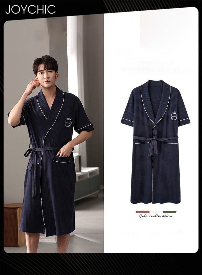 جوي شيك Japanese Style Men Pure Cotton Pajamas Simple Leisure Male Short-sleeved All-in-one Loose Breathable Sleep Robe with Adjustbale Belt for Spring and Summer Autumn Dark Blue - Image 1
