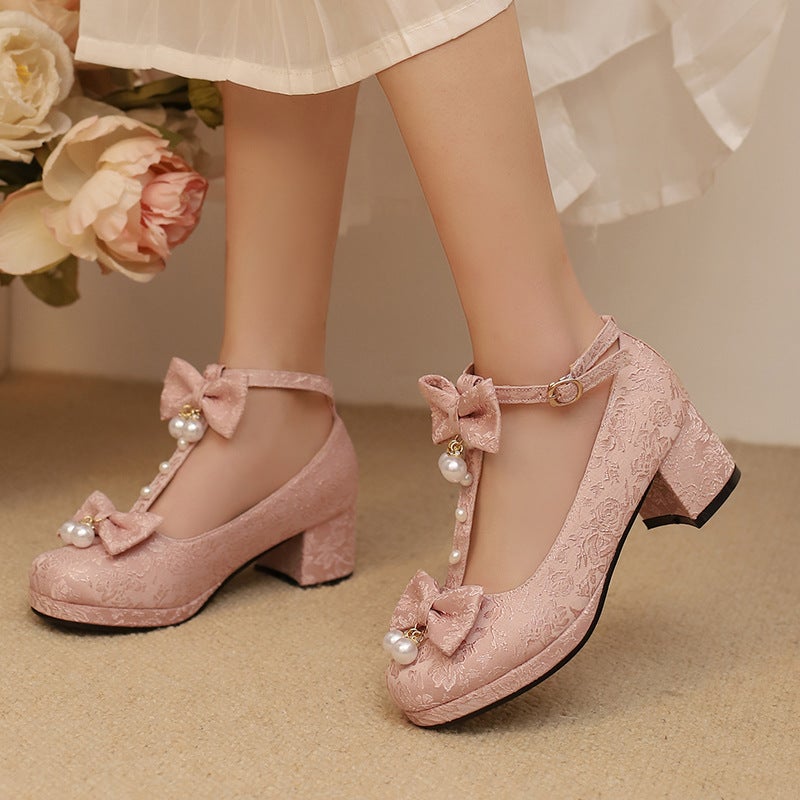 Wish Source 2025 Mid-Heel New Chinese 30-43 Buckle Jacquard Bow Lolita Shoes - Image 3
