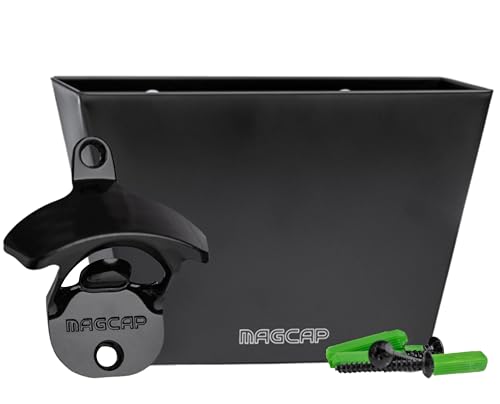 MAGCAP Magnetic Wall Mounted Bar  Style Bottle Opener and Bottle Cap Catcher Set for Beer and Sodas  Stylish Easy to Install and Effortless to Use  Collects the Caps so You Dont Have to
