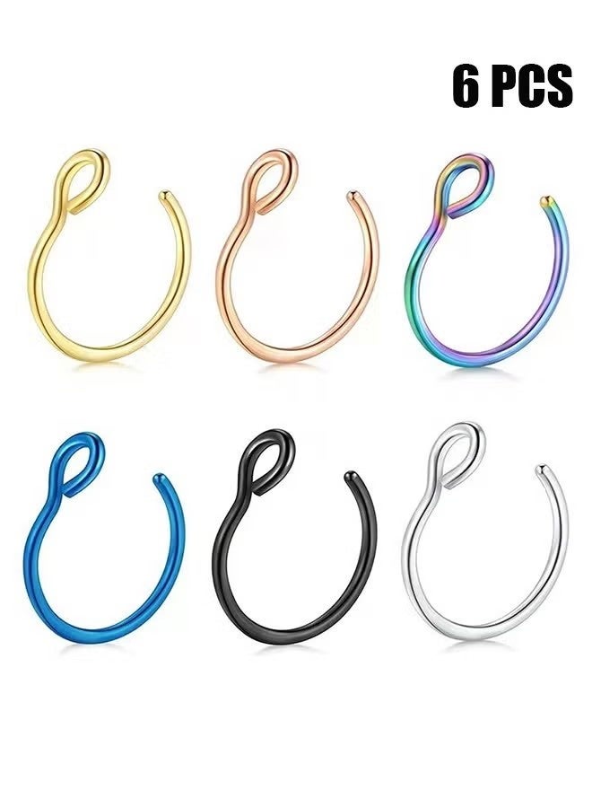6 Pcs Non Piercing Fake Piercings Face Nose Ring Hoop, Nose Piercing Hoop Stainless Steel Non Piercing Nose Rings Hoop Jewelry for Women Men Body Jewelry, Gift for Women Girls Teen-girls Men - Image 1