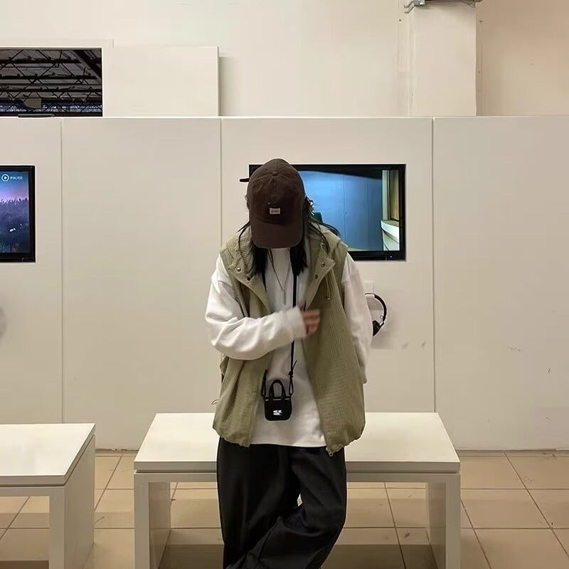 سترة هود مريحة على الطراز الياباني للرجال والنساء، سترة عمل فضفاضة بدون أكمام، عصرية - Image 4