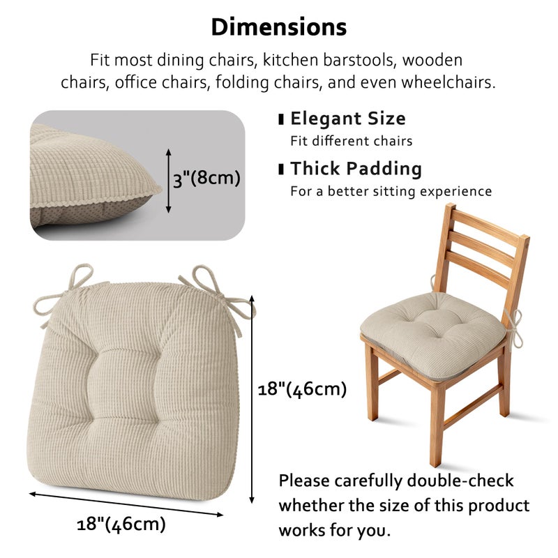 ELFJOY Dining Chair Cushions Set of 2 Thick Non Slip Kitchen Chair Pads with Ties Comfortable Indoor Kitchen Seat Cushions 18" x 18" x 3" Beige - Image 2