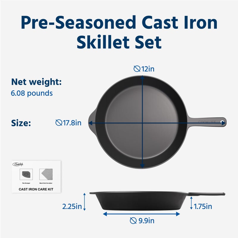 COOKLIFE 12 Inch Lightweight Pre-Seasoned Cast Iron Skillets - Smooth Polished Surface, Easy to Clean Cast Iron Pan Use in the Oven, on the Stove or Grill, Over a Campfire - Image 3