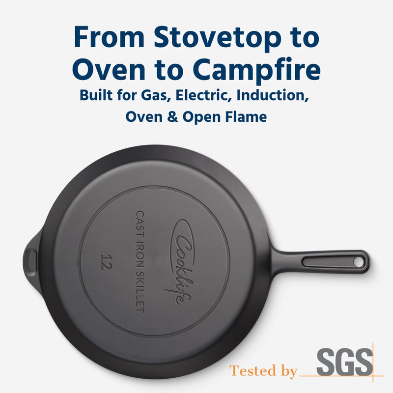 COOKLIFE 12 Inch Lightweight Pre-Seasoned Cast Iron Skillets - Smooth Polished Surface, Easy to Clean Cast Iron Pan Use in the Oven, on the Stove or Grill, Over a Campfire - Image 2