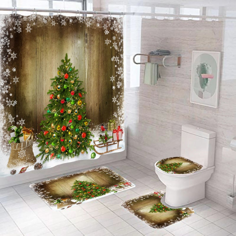 Bluejw Hot Selling 4-in-1 Christmas Series Waterproof Shower Curtain Set Absorbent Polyester Vintage and Cartoon Design Styles - Image 2