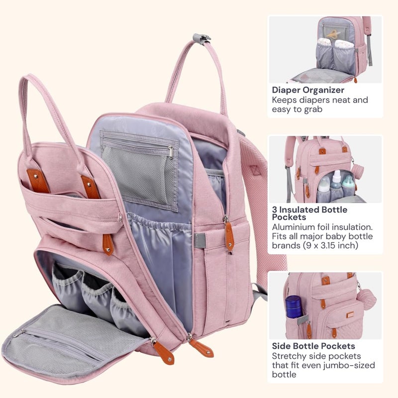 BabbleRoo Diaper Bag Backpack - Baby Essentials Travel Tote - Multi function Water Resistant Diaper Bag, Travel Essentials Baby Bag with Changing Pad, Stroller Straps & Pacifier Case - Unisex, Pink - Image 4