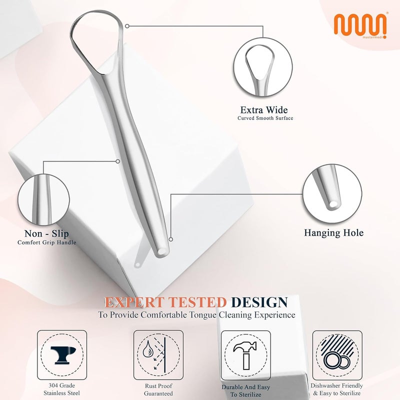 MasterMedi Tongue Scraper with Multicolor Cases (2 Pack), 100% Stainless Steel, Reduce Bad Breath, Easy to Use Tongue Scraper for Adults, Tongue Cleaner for Oral Care & Hygiene - Image 3