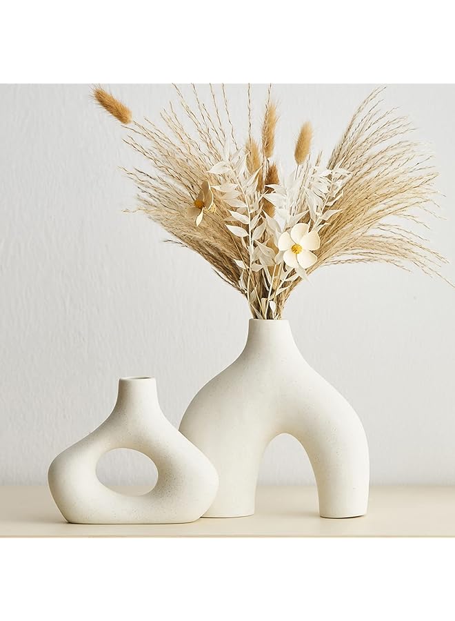 The Bros طقم مزهريات دائرية بيضاء من السيراميك عدد 2 لتزيين المنزل العصري، مزهرية دائرية بسيطة لمراكز الزينة، مزهرية بوهيمية فريدة محايدة لغرفة المعيشة، وحدة التلفاز، غرفة الطعام، تزيين طاولة العشاء - Image 1