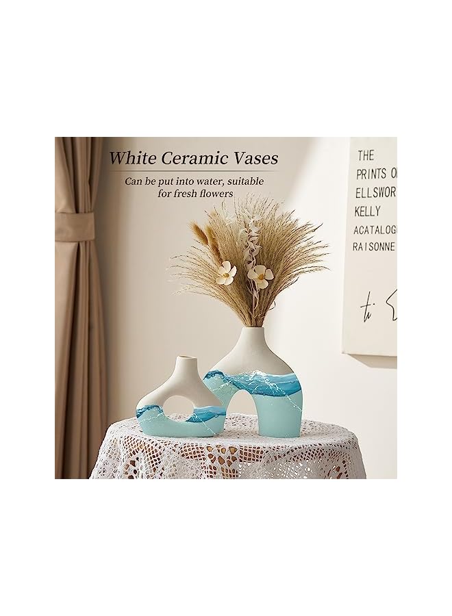 The Bros طقم مزهريات دائرية بيضاء من السيراميك عدد 2 لتزيين المنزل العصري، مزهرية دائرية بسيطة لمراكز الزينة، مزهرية بوهيمية فريدة محايدة لغرفة المعيشة، وحدة التلفاز، غرفة الطعام، تزيين طاولة العشاء - Image 4