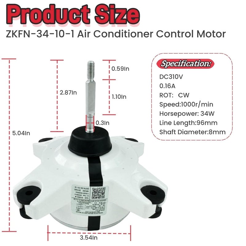 IXGPUTS ZKFN-34-10-1 Air Conditioner Control Motor Brushless DC Motor DC310V 34W 0.16A 1000r/min,Variable Frequency air Conditioning External Fan Replacement Parts,Connector: 3-Wire,Rot:CW - Image 2