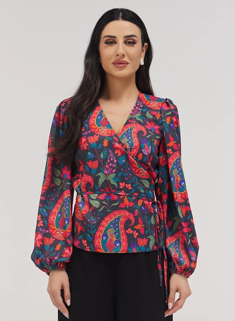 Zigzag Printed Chiffon Wrap Around Blue Top