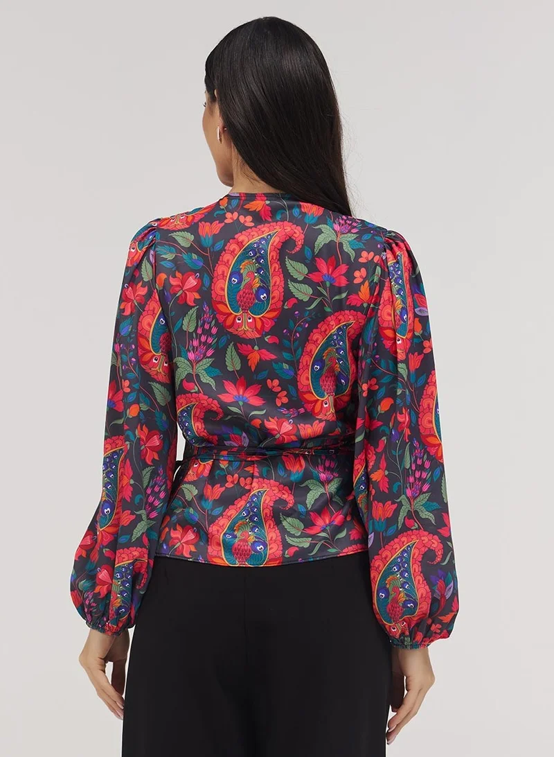 Zigzag Printed Chiffon Wrap Around Blue Top