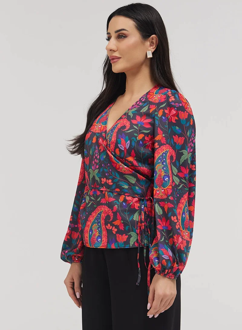 Zigzag Printed Chiffon Wrap Around Blue Top