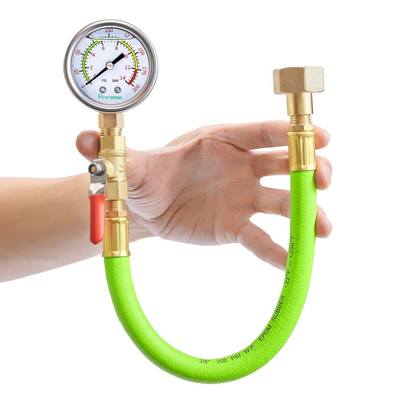 Pronese Stainless Steel Water Test Pressure Gauge Kit 2" Dial Size,Gauge+12" EPDM Rubber+1/4" LF Valve+1/4 to 3/4 Adapter,Lower Mount with Liquid Filled 0~200 PSI(Color Coded) - Image 1