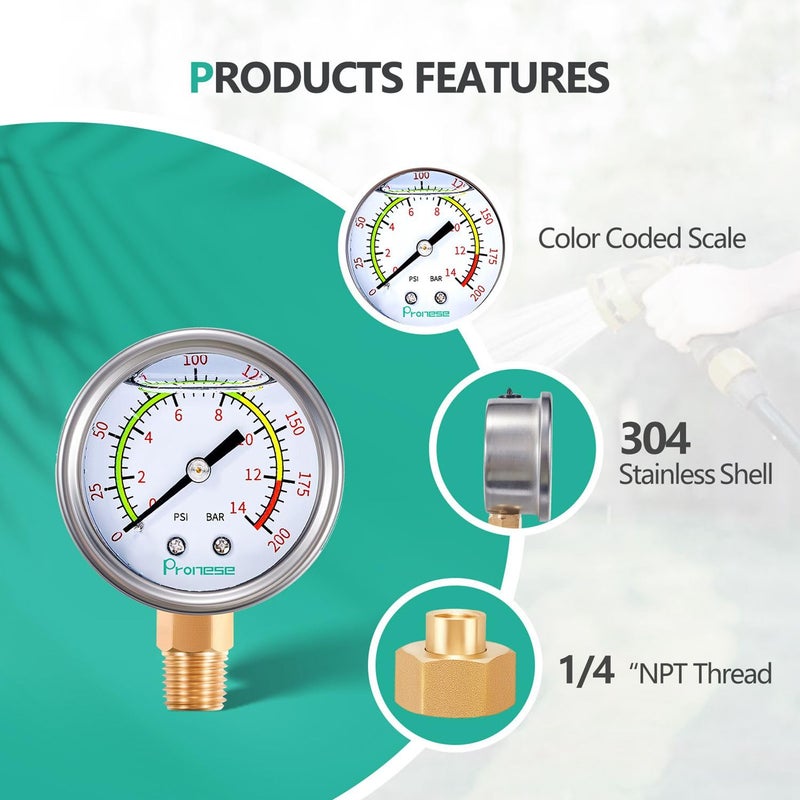 Pronese Stainless Steel Water Test Pressure Gauge Kit 2" Dial Size,Gauge+12" EPDM Rubber+1/4" LF Valve+1/4 to 3/4 Adapter,Lower Mount with Liquid Filled 0~200 PSI(Color Coded) - Image 5