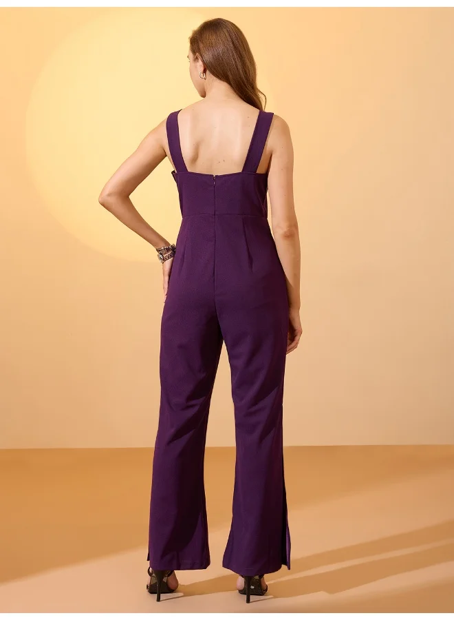 globus Women Sweetheart Neck Strappy Shoulder Solid Side Slits Party Jumpsuit